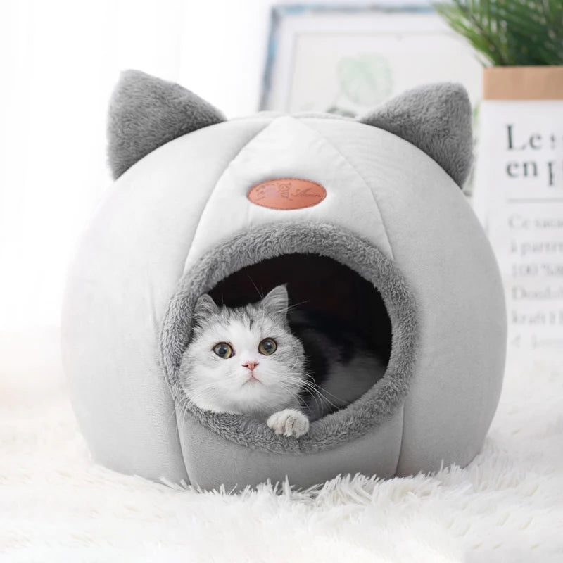 Cozy Winter Cat Cave Bed House With Removable Cushion