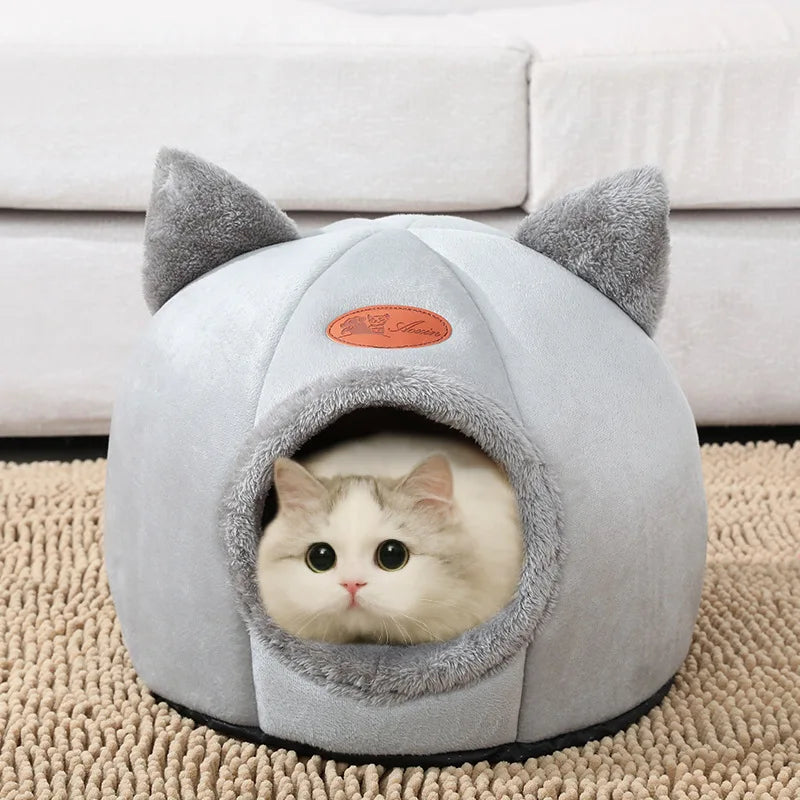 Cozy Winter Cat Cave Bed House With Removable Cushion